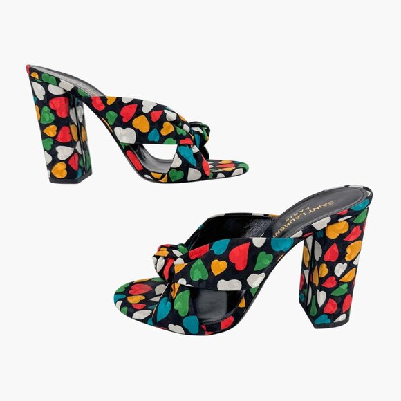 Saint Laurent Bianca Black Heart Knotted Mule Sandals Block Heel 38.5 US 8.5 - Picture 7 of 13